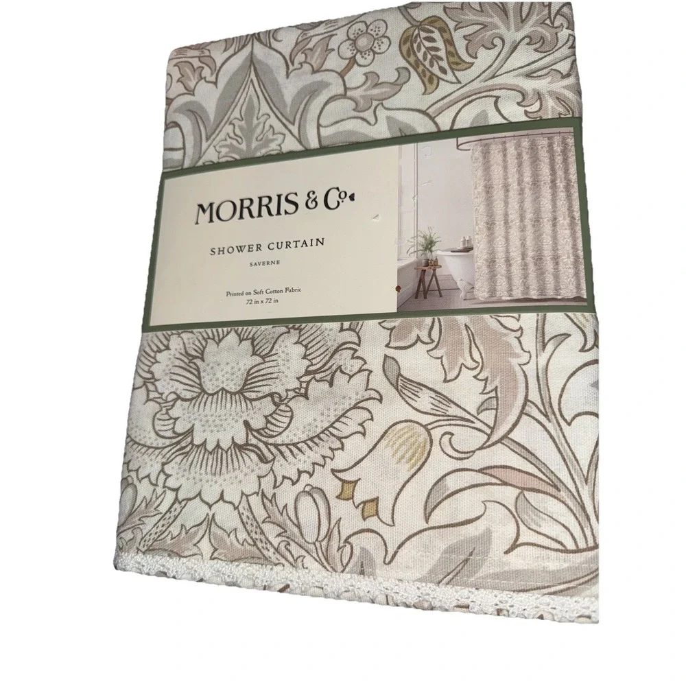 MORRIS & CO. Shower Curtain Floral SAVERNE Crocheted Trim Woven Cotton Shirley
